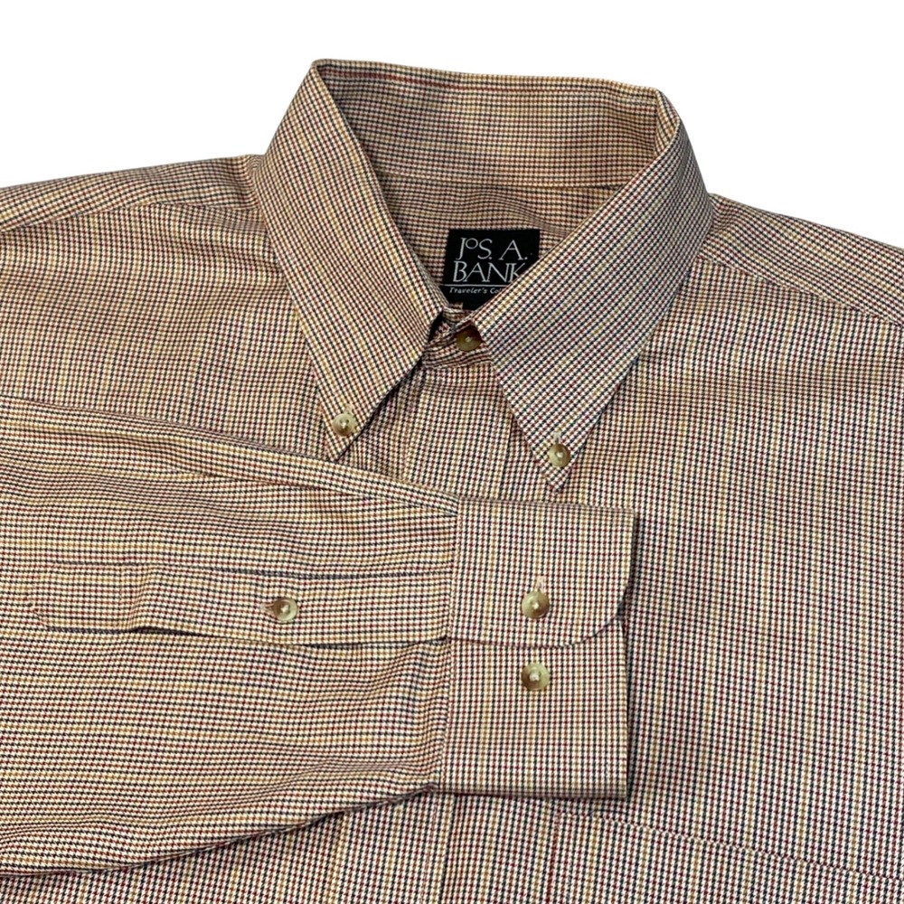 Jos. A. Bank Traveler's Collection Mens Large Cotton Button Down Shirt Tan Plaid